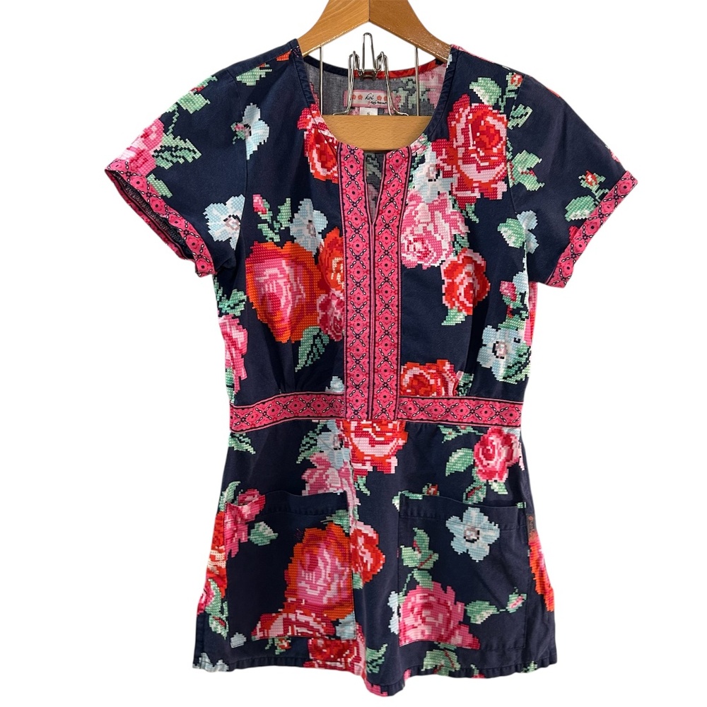 Women's Koi by Kathy Peterson Cross Stitch Roses 100% Cotton Top Size S